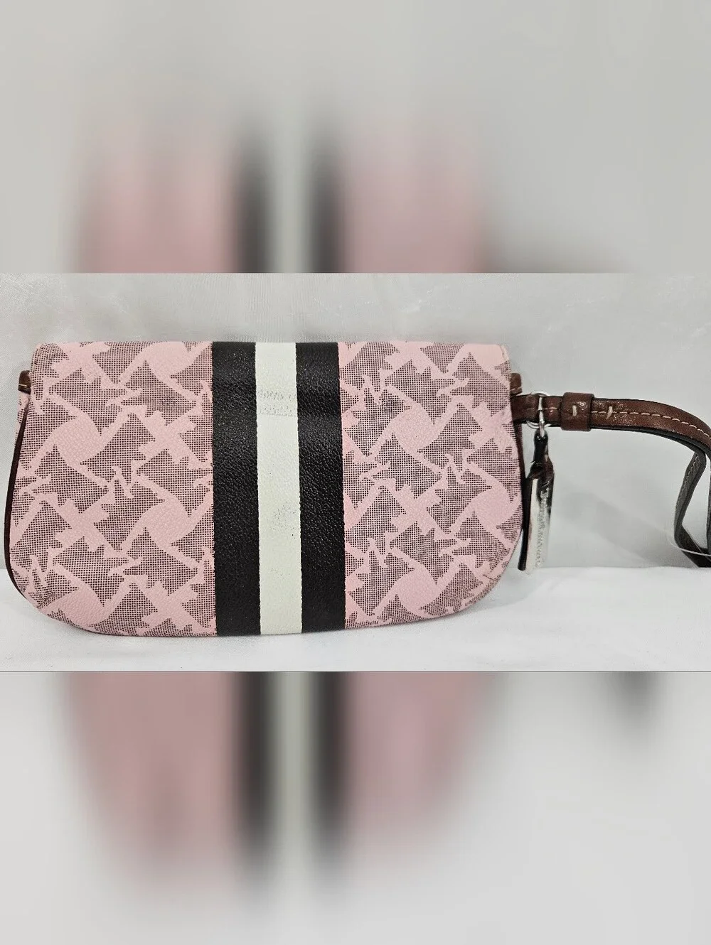Juicy Couture Pink Logo Wristlet with Brown Trim and Black-White Stripe #299